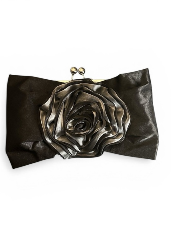 None Handbags - Black Satin Evening Bag with Gray Satine Fabric Flower and Chain